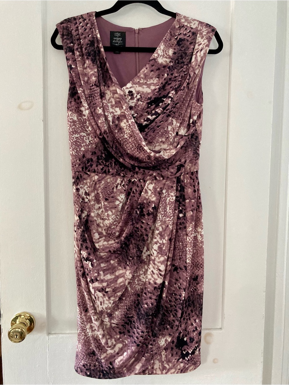 Suzi Chin for Maggy Boutique Purple Snakeprint Drape Neckline Sleeveless Dress